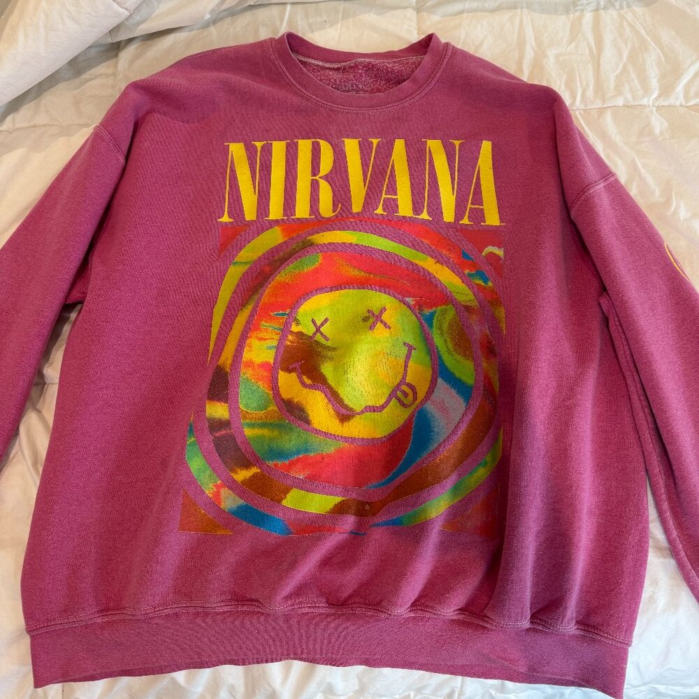 Urban Outfitters X Nirvana Oversized Sweatshirt Spiral Smile Face Pink, S/M